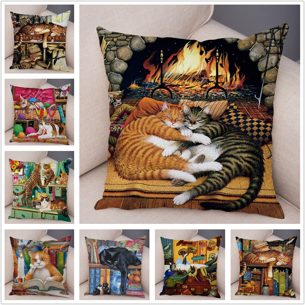 Oil Painting Cat Cushion Covers.