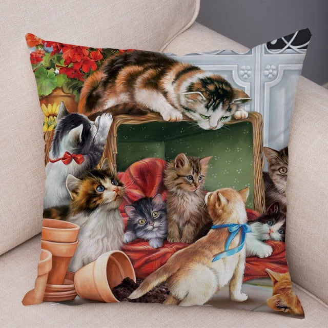 Oil Painting Cat Cushion Covers.