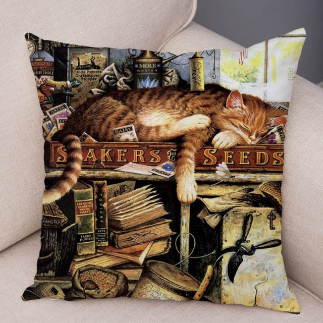 Oil Painting Cat Cushion Covers.