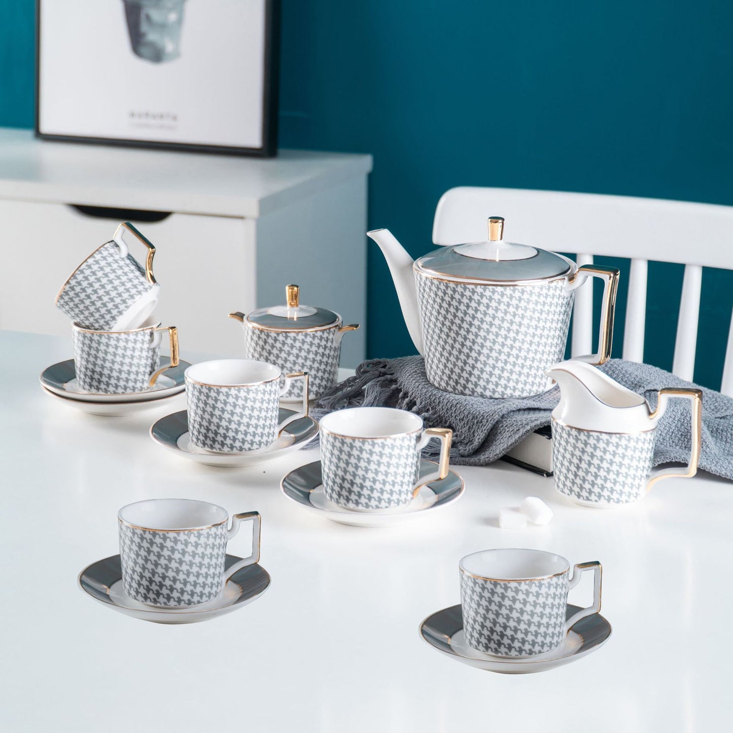 Blue Checks British Bone China Tea Set