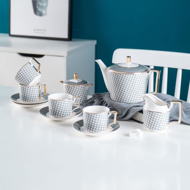 Blue Checks British Bone China Tea Set